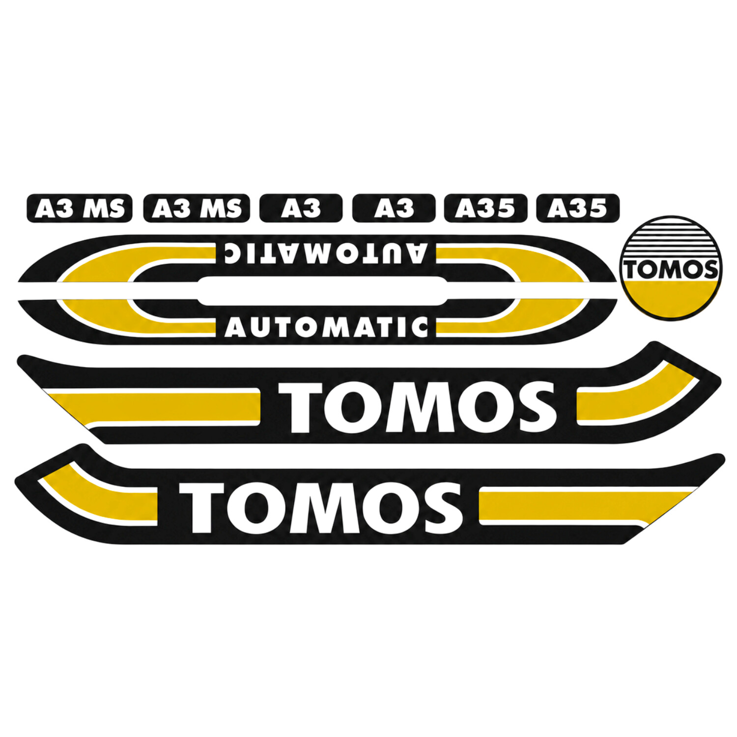 Stickerset compleet standaard goud/zwart Tomos, A3, A35