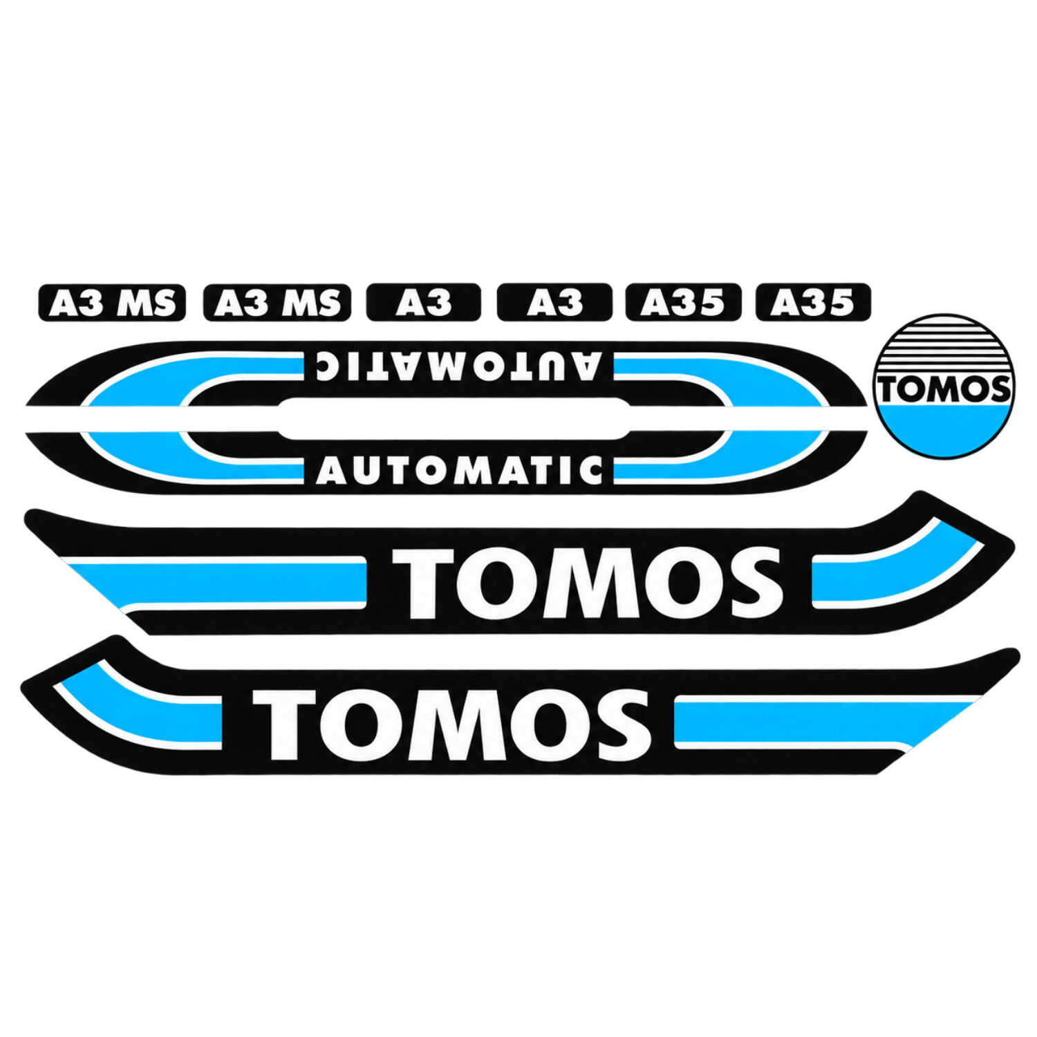 Stickerset compleet standaard blauw/zwart Tomos, A3, A35