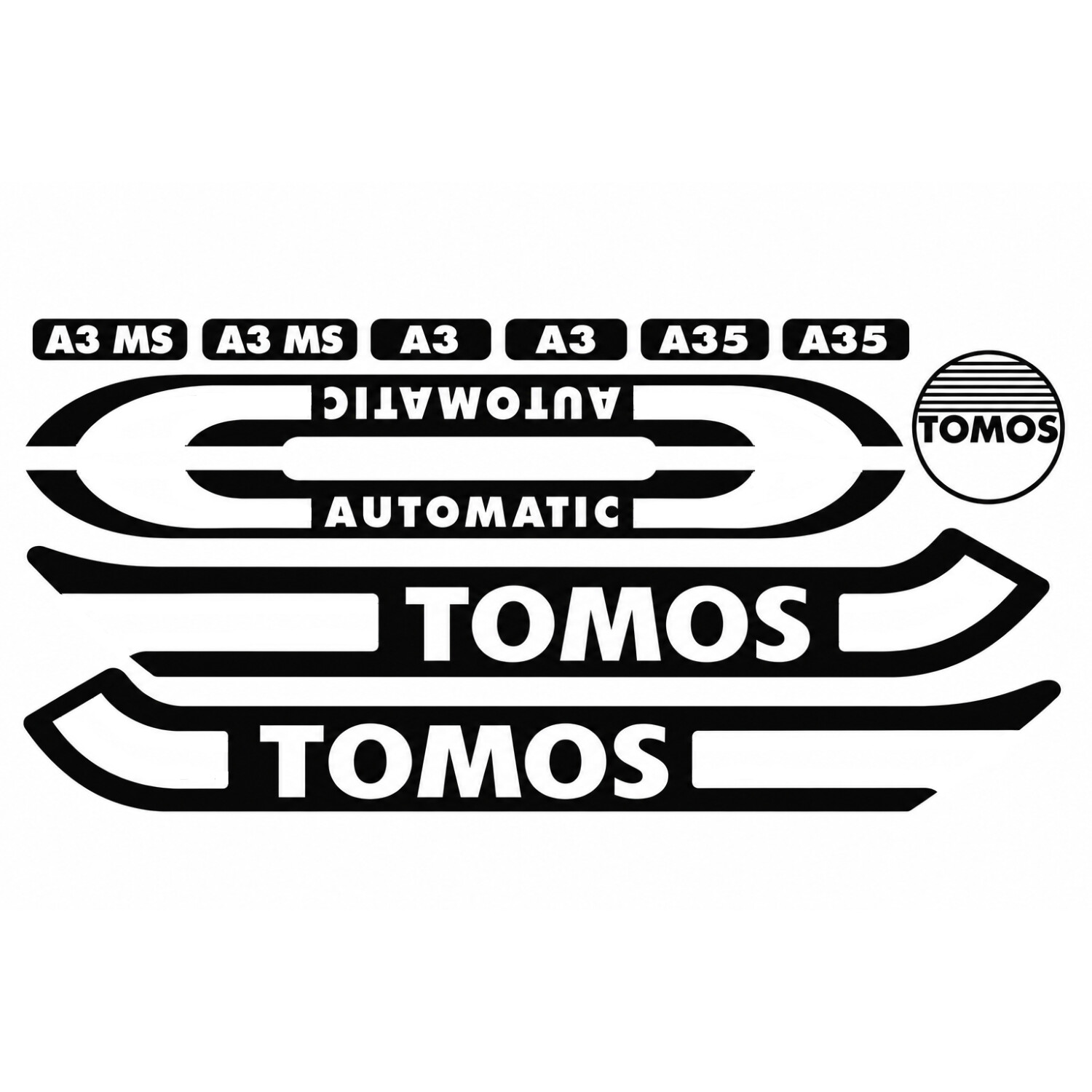 Stickerset compleet standaard zwart/wit Tomos, A3, A35