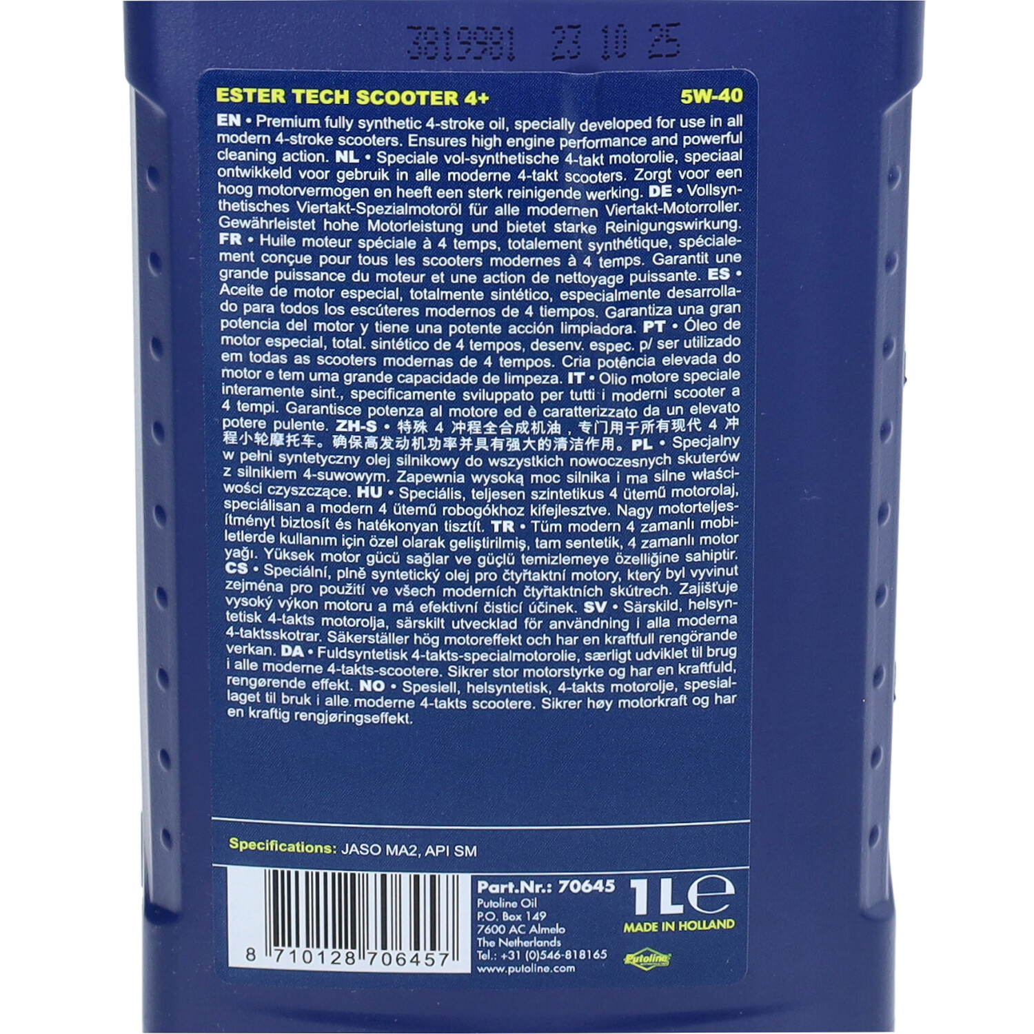 Motorolie Putoline 5w40 Vol Synth. Ester Tech Scooter 4+ 1l Fles 70645 - Afbeelding 3
