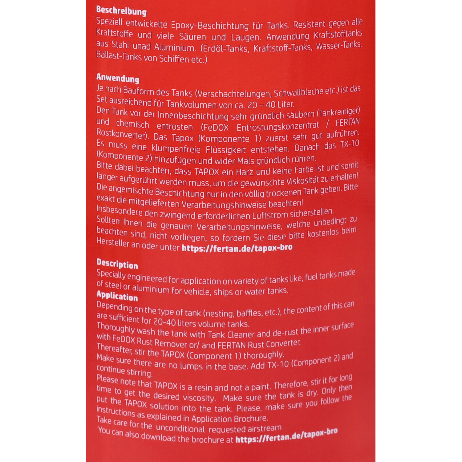 Coating Benzinetank Fertan Tapox 285ml+160ml 3330874 - Afbeelding 2
