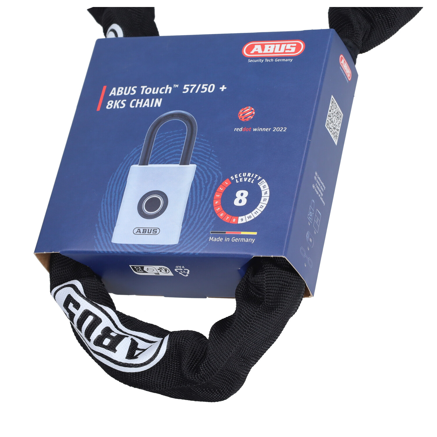 Kettingslot Abus + Hangslot Universeel Touch (vingerafdruk) Level 8 110cm Zwart 57/50+8ks/110 - Afbeelding 4