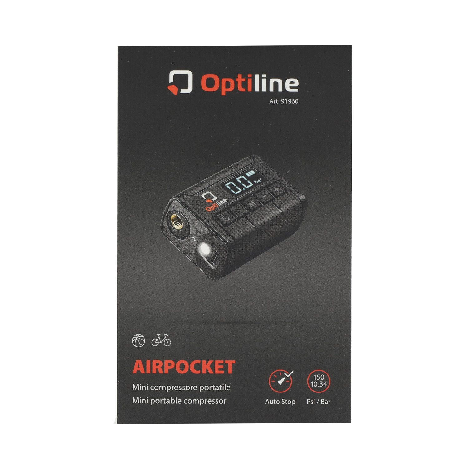 Luchtcompressor Optiline mini universeel USB oplaadbaar - tot 10 bar zwart e-bike, fatbike 91960