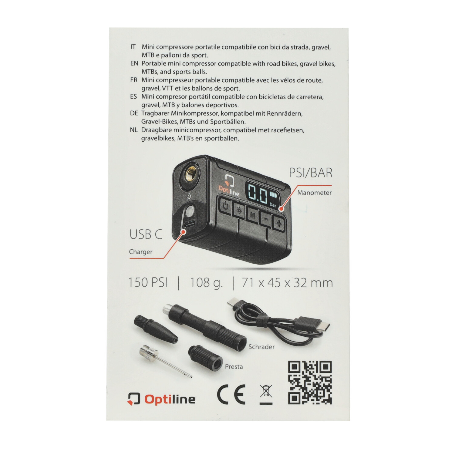 Luchtcompressor Optiline mini universeel USB oplaadbaar - tot 10 bar zwart e-bike, fatbike 91960 - Afbeelding 5