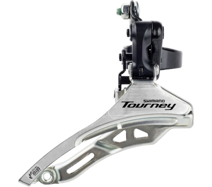 Voorderailleur 3 x 6/7 speed Shimano Tourney FD-TY300 down swing/down pull - hoge klem ø31,8 mm - 42T - (66-69°) - Zwart/Zilver
