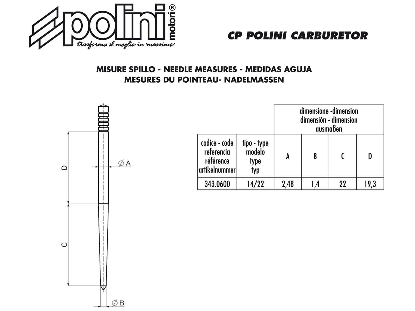 Gasnaald Polini 14/22 Carburateur Cp 343.0600 - Afbeelding 3