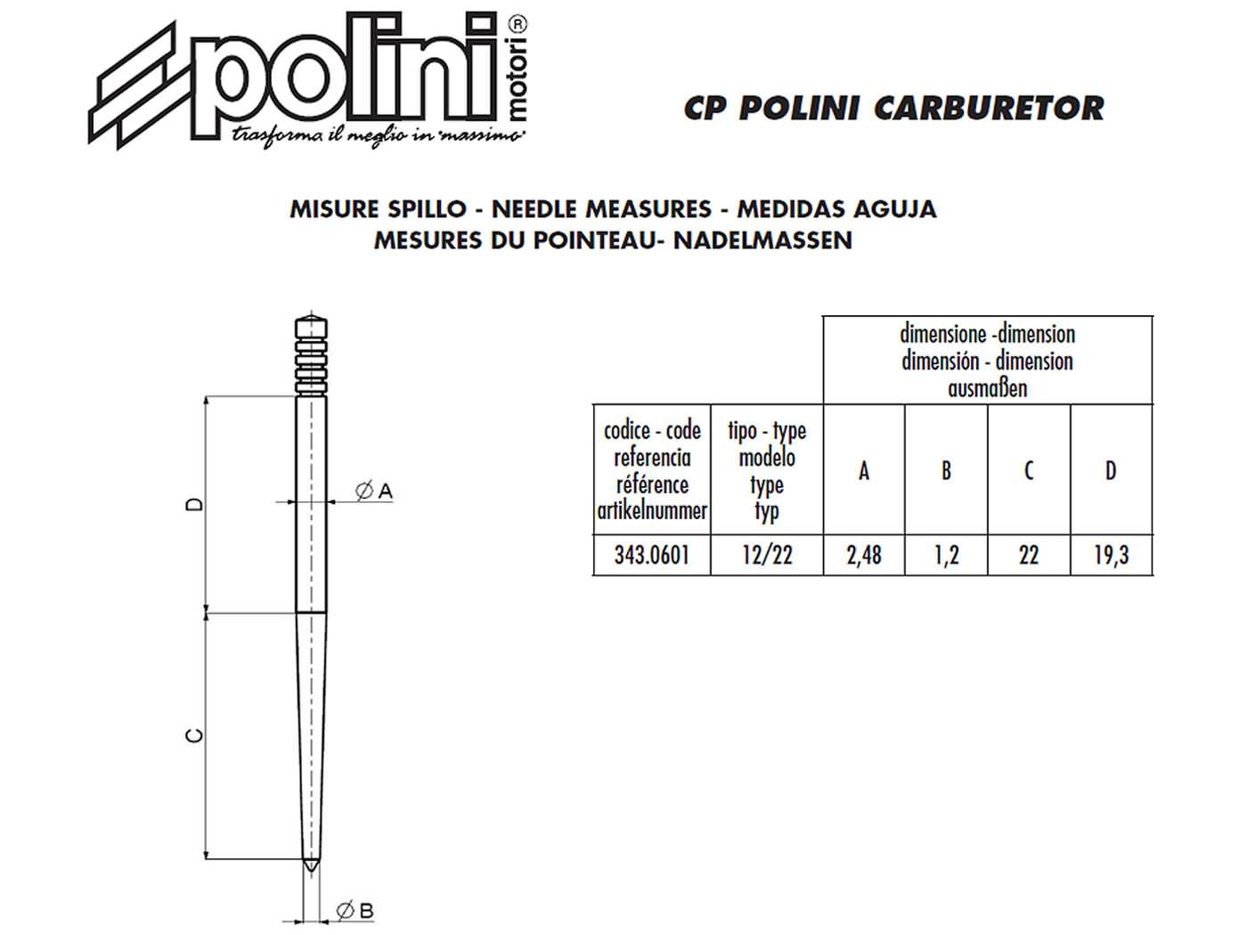 Gasnaald Polini 12/22 carburateur CP 343.0601 - Afbeelding 3