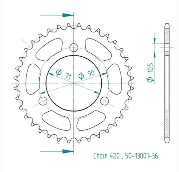 Achtertandwiel Honda MT/MB (420) 70mm 3g 36t - Esjot