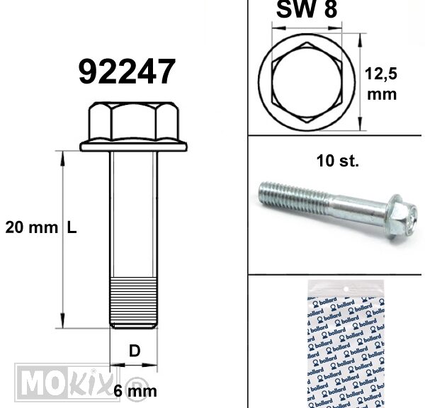 Flens Carter Bouten SW 8 M6x 20  Blank  10st - Bollard