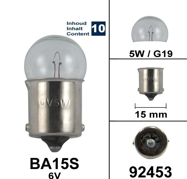 Lamp BA15S  6V  5W G19 (10) - Bollard
