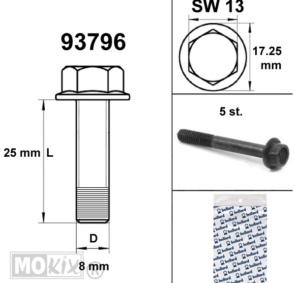 Flens Frame Bouten SW13 M8x25 Zwart 5st - Bollard