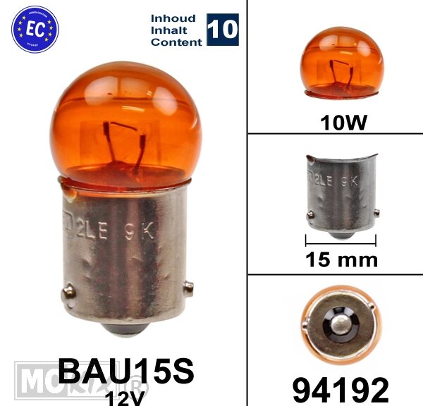 Lamp BAU15S 12V 10W Oranje CE (10) - Bollard