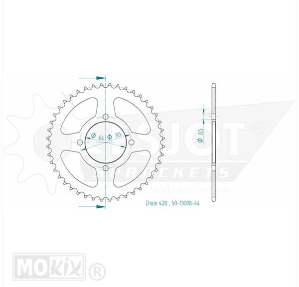 Achtertandwiel Yamaha Groot GAT 64mm 4gats 44t - Esjot