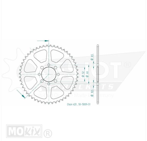 Achtertandwiel SUZ TSX/Kawas AR50(420)52mm 8g 51t - Esjot