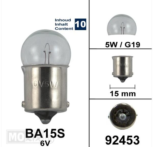 Lamp BA15S  6V  5W G19 (10) - Bollard