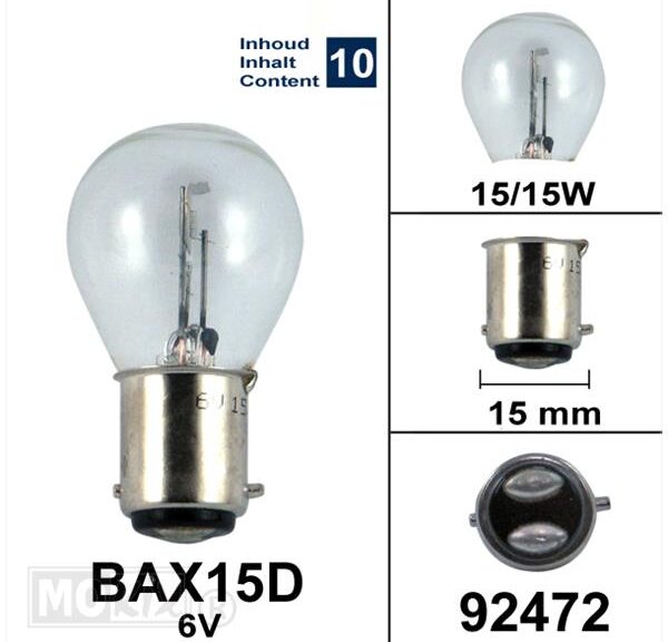 Lamp BAX15D  6V 15/15W (10) - Bollard