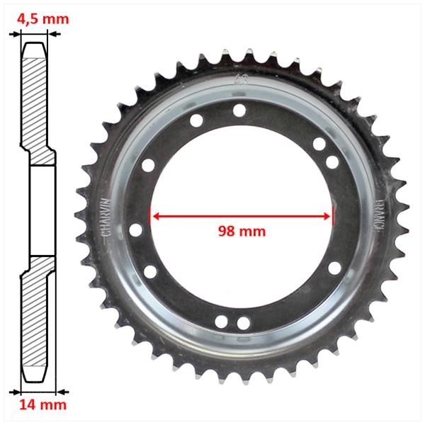 Achtertandwiel Peugeot 98mm D14 10gats 43tands