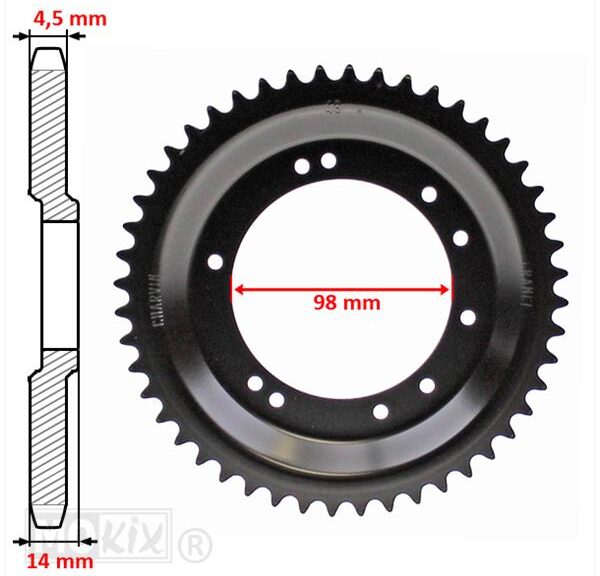 Achtertandwiel Peugeot 98mm D14 10gats 48t Zwart