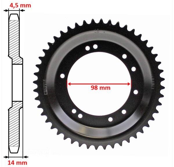 Achtertandwiel Peugeot 98mm D14 10gats 48t Zwart