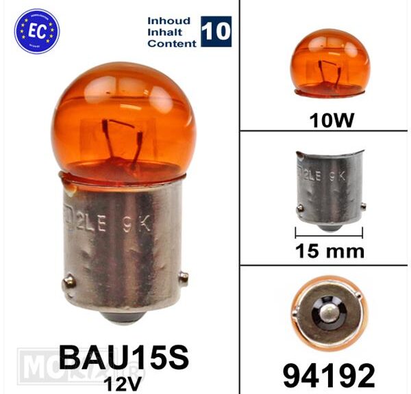 Lamp BAU15S 12V 10W Oranje CE (10) - Bollard