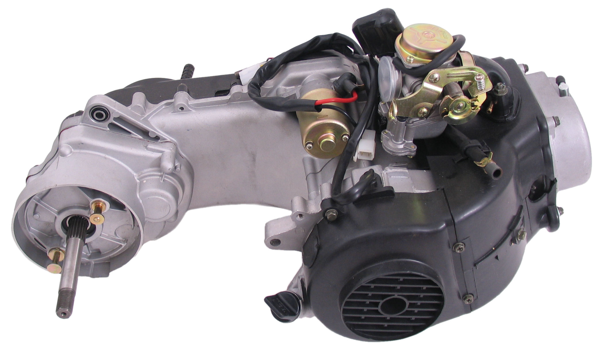 Motorblok compleet China scooter GY6 10 inch wiel met Lange achteras inclusief Carburateur