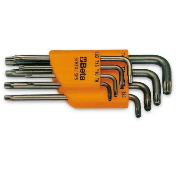 8-delige set haakse stiftsleutels Beta Tools met Tamper Resistant Torx® profiel (art. 97RTX) met support  T9-T10-T15-T20-T25  T27-T30-T40