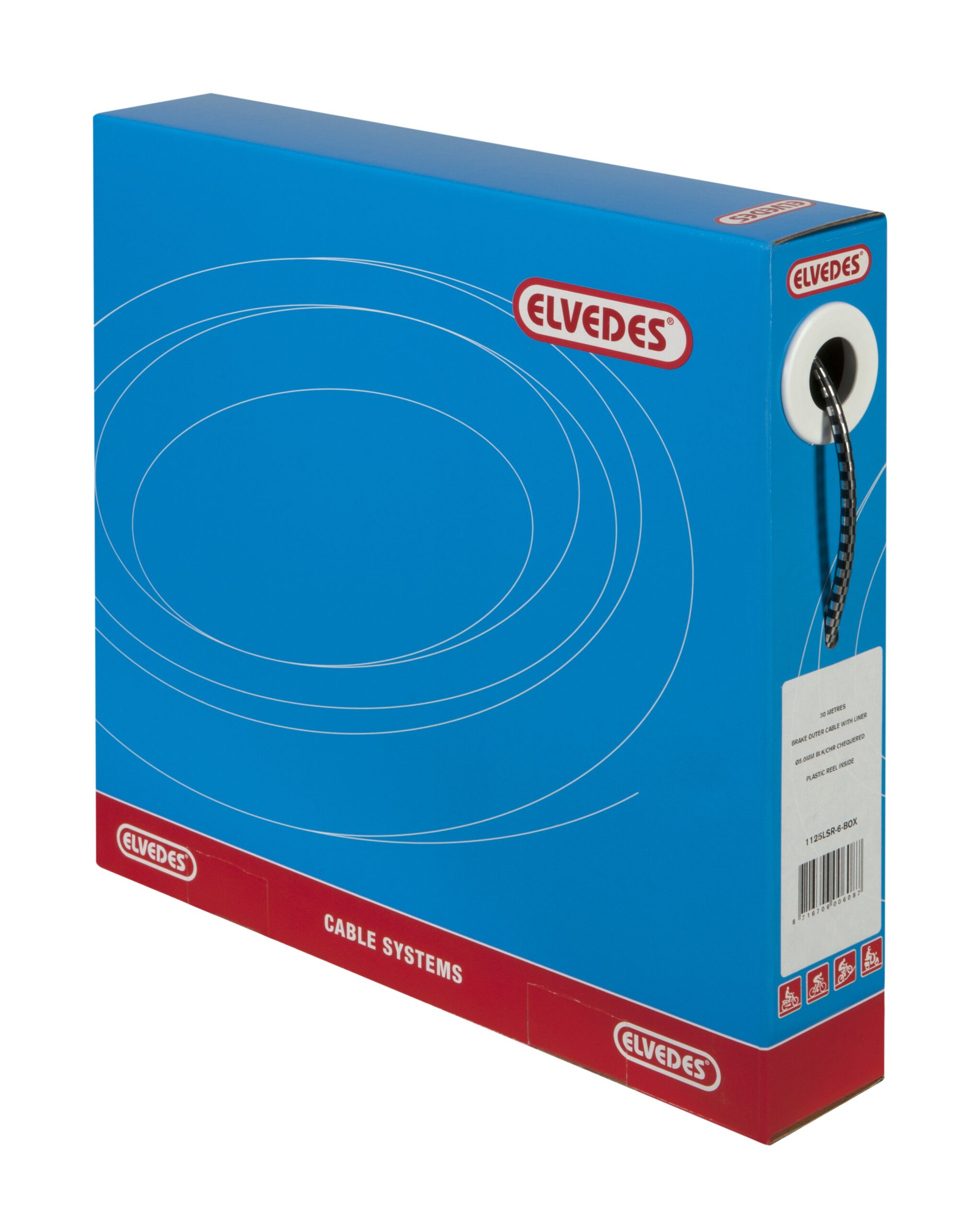 Rem buitenkabel Elvedes met teflon voering ø5,0mm / 30 meter - zwart/chroom geblokt (30 meter in doos)