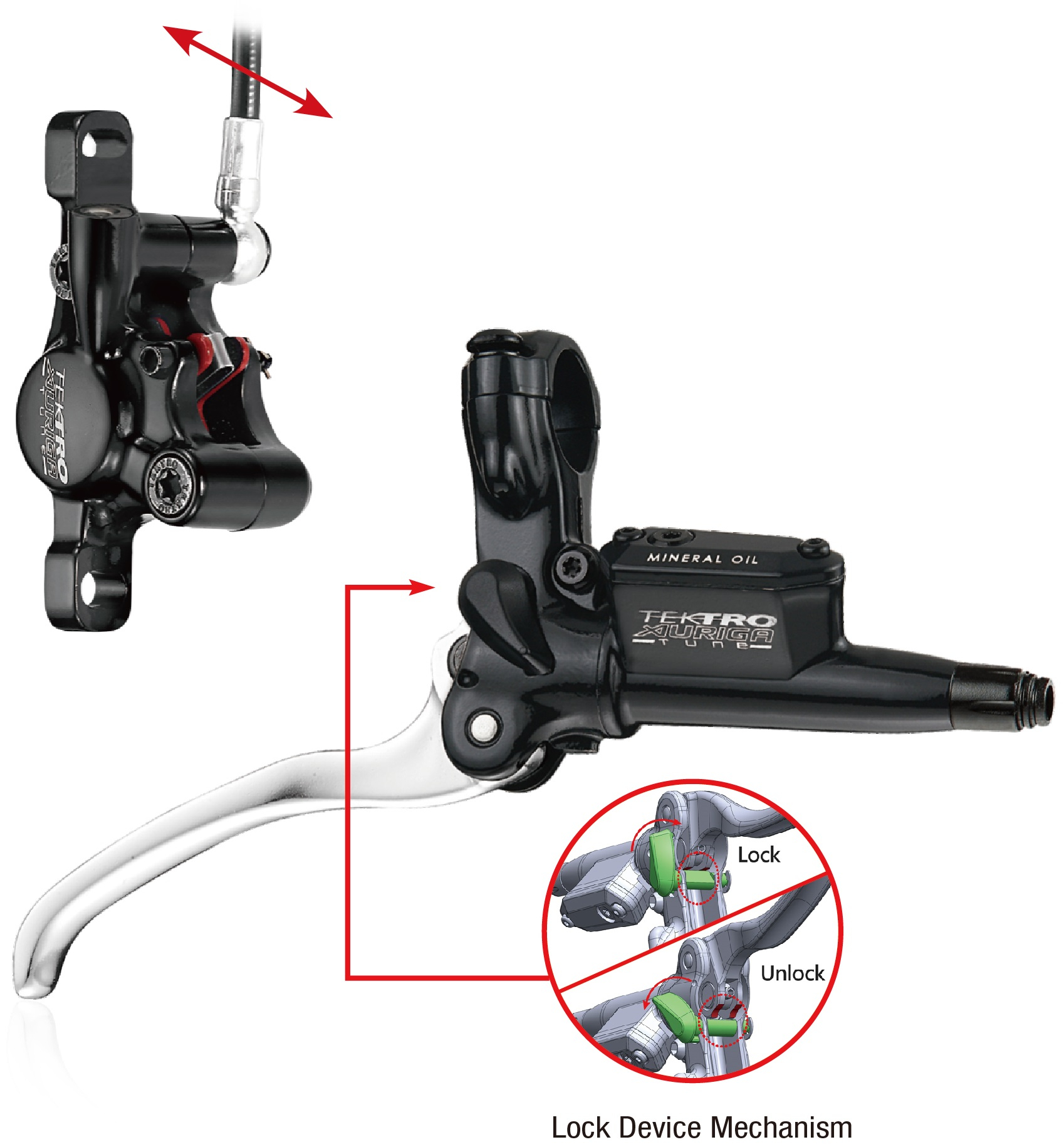 Hydraulische schijfremset Tektro HD-T530 Auriga Tune met handrem functie - links met leidingen - zwart