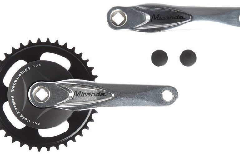 Crankstel 38T Miranda Alfa 1 voor 3/32" ketting - zwarte 9.2cm disc en gepolijste crank