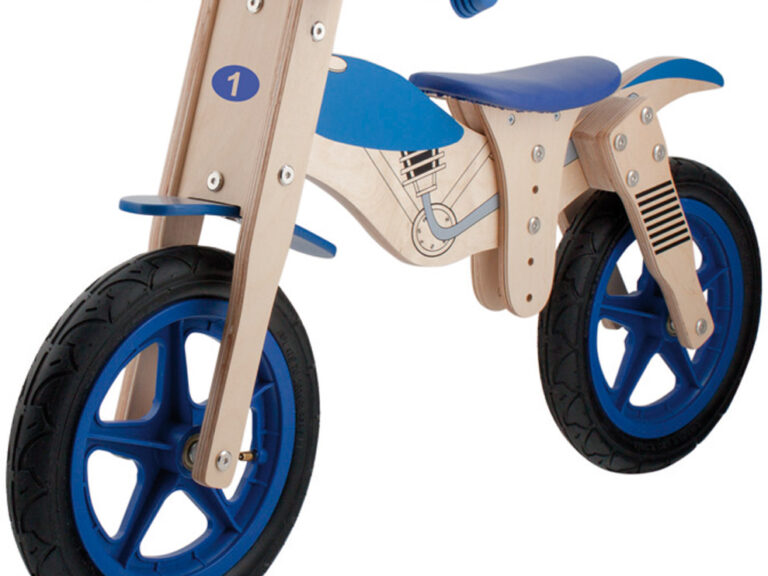 Loopfiets hout - Motor look met blauwe velgen