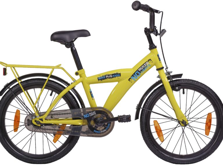 Kinderfiets Bikefun No Rules No Limit 18 inch met Remnaaf - Geel