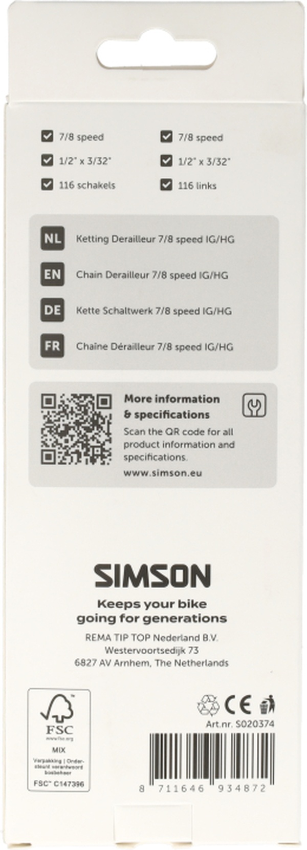 Simson derailleurketting 7/8-speed IG/HG - 116 schakels - Afbeelding 2