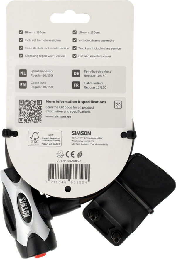 Spiraalkabelslot Simson Regular size XL - 10mm x 150cm - Afbeelding 2
