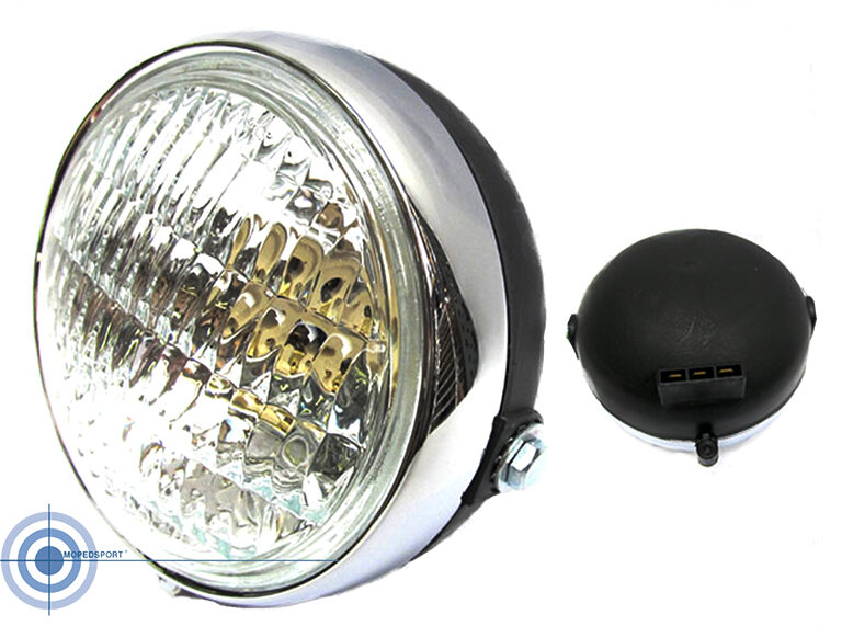 PUCH MAXI PEUGEOT YAMAHA Koplamp chroom rond zwart - achterkant van plastic YAMAHA FS1 diameter: 125mm Geschikt voor BAX15D lampjes
