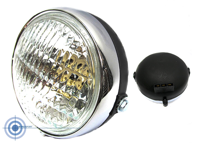 PUCH MAXI PEUGEOT YAMAHA Koplamp chroom rond zwart - achterkant van plastic YAMAHA FS1 diameter: 125mm Geschikt voor BAX15D lampjes