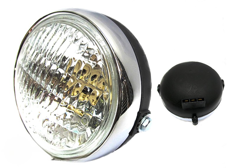 Puch Maxi Peugeot Yamaha Koplamp Chroom Rond Zwart - Achterkant Van Plastic Yamaha Fs1 Diameter: 125mm Geschikt Voor Bax15d Lampjes