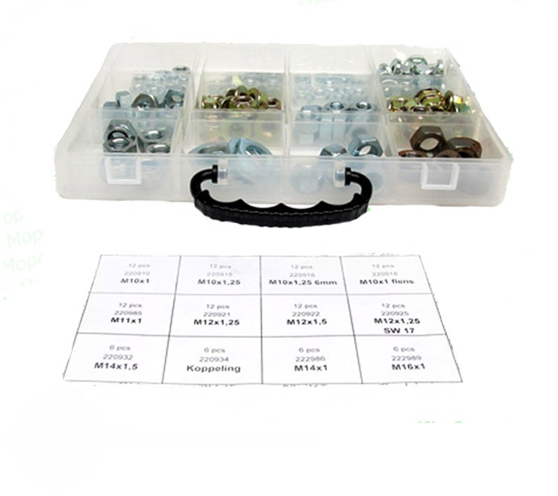 Universeel Moeren Diverse.assortiment Doos M10x1 M10x1,25 M10x1,25 6mm M10xflens M11x1 M12x1,25 M12x1,5 M12x1,25 Sw17 M14x1,5 Koppeling M14x1 M16x1