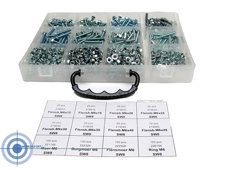 Universeel Blokbouten. Assortiment M6 Flensbout M6x12 M6x16 M6x20 M6x25 M6x30 M6x40 M6x45 Moer M6 Bormoer M6 Flensmoer M6 Ring M6