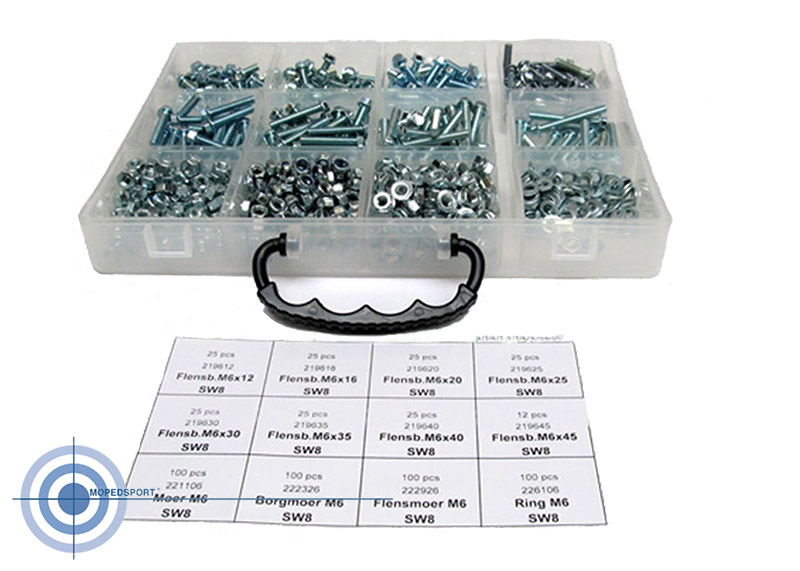 Universeel Blokbouten. Assortiment M6 Flensbout M6x12 M6x16 M6x20 M6x25 M6x30 M6x40 M6x45 Moer M6 Bormoer M6 Flensmoer M6 Ring M6
