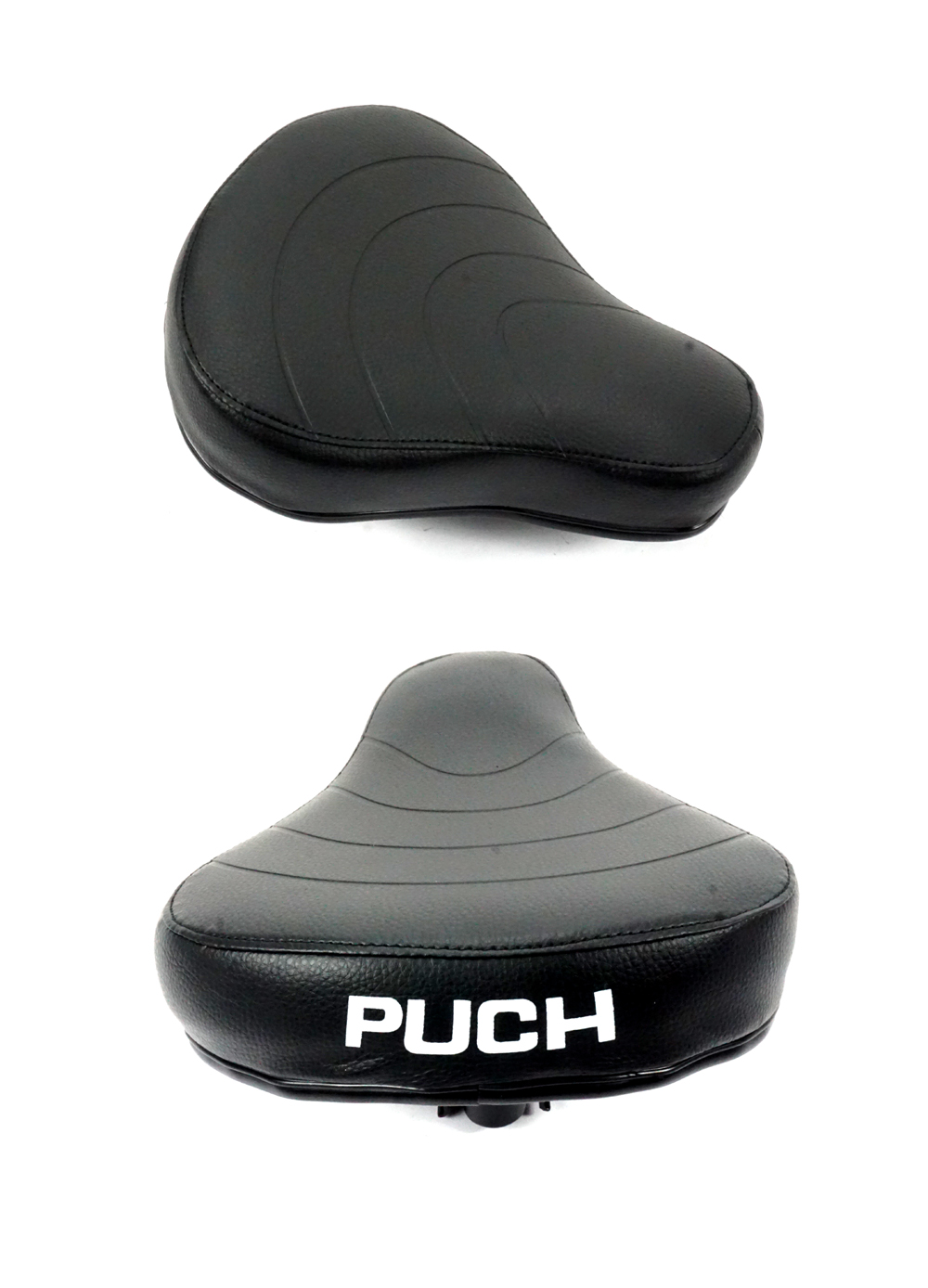 Zwart dun zadel voor Puch Maxi met kleine witte PUCH-letters
