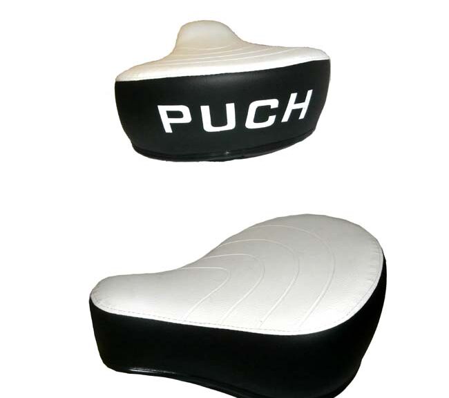 Zwart/wit zadel met Puch-opdruk voor Puch Maxi bromfiets