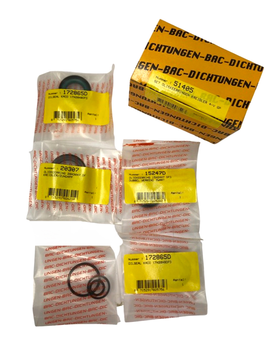 KREIDLER Oliekeerringset 4 versnellingen 4 V Grand Prix 51405 17-28-6.5 Krukaskeering Links 17-28-6.5 Krukaskeerring Rechts 15-24-7 Hoofdas 20-30-7 Trapas Rechts 22X2 O-ring Trapas Links 15X1.6 O-ring Bracket 9.5X1.8 O-ring Schakeling