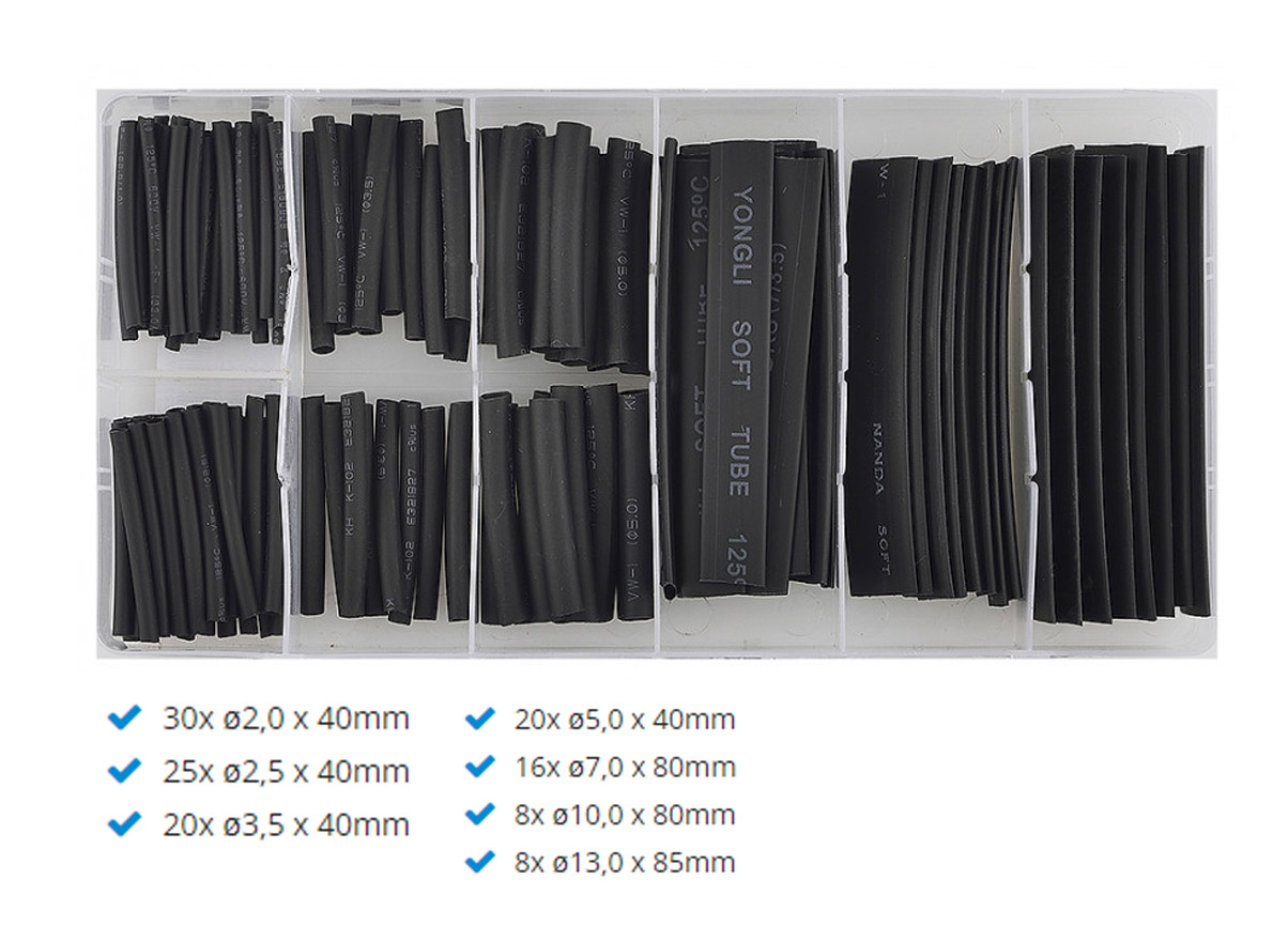 Universeel Assortimentset Krimpkousen 127-delig: 30x 2mm X 40mm - 25x 2,5mm X 40mm - 20x 3,5mm X 40mm - 20x 5mm X 40mm - 16x 7mm X 80mm - 8x 10mm X 80mm - 8x 13mm X 85mm Krimpkous