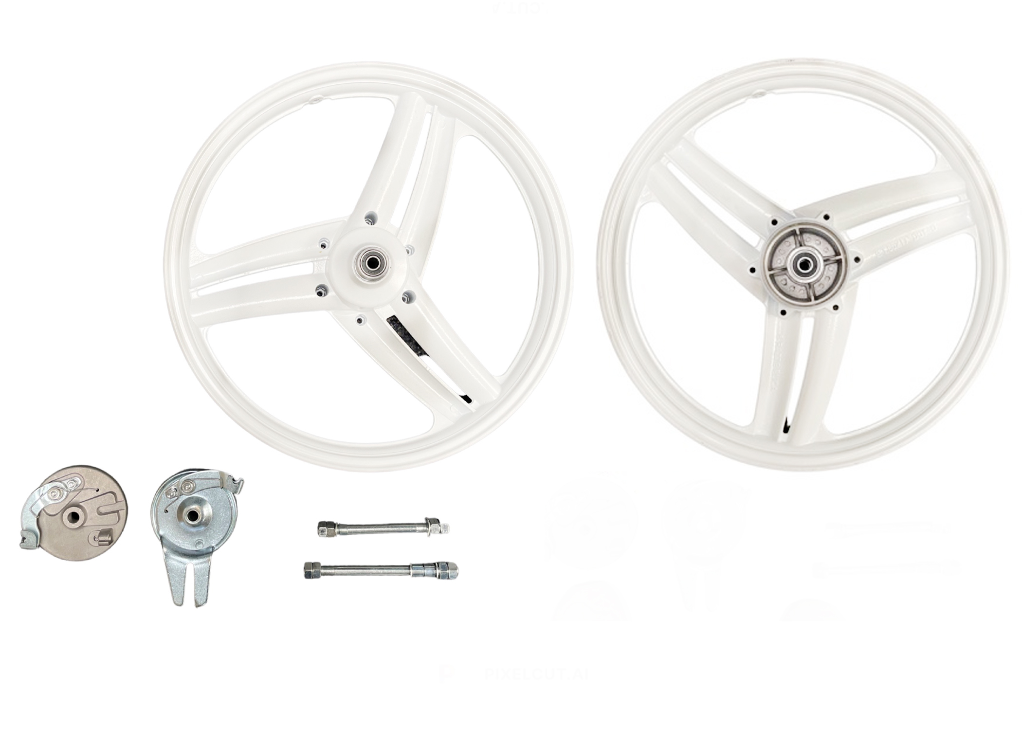 UNIVERSEEL Velgenset 17 inch compleet Grimeca wit voor Peugeot 103 MVL (passend maken voor andere merken) PUCH MBK - 17 x 1.6 velg inclusief 12mm assen en ankerplaat 6 razze elica VELG SET WIEL