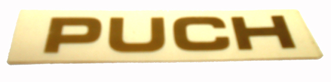 Goudkleurige Puch transfer sticker met klassiek Puch logo voor brommer