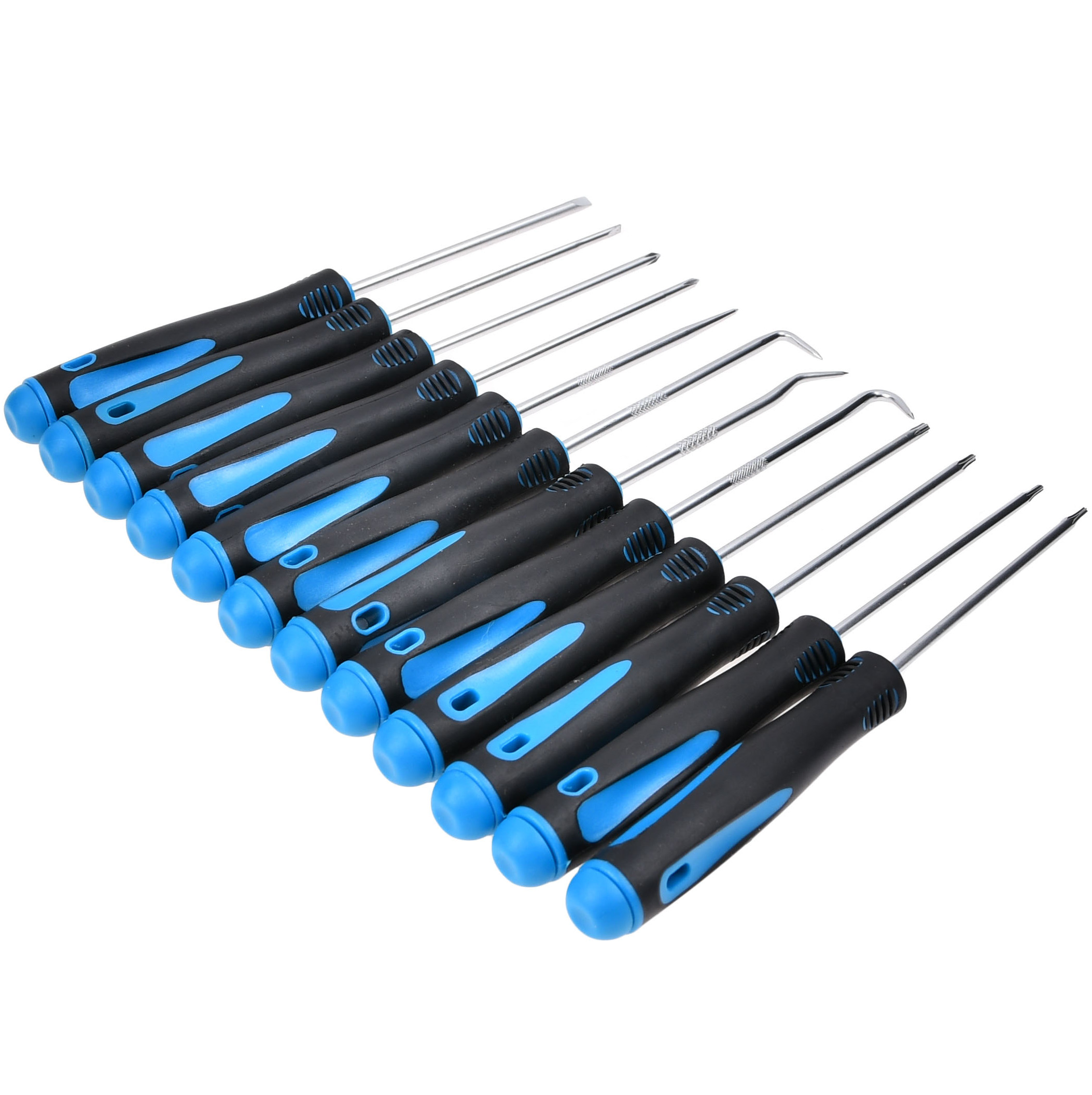 UNIVERSEEL Set precisiehaken en schroevendraaiers 12-delig: 2 platte schroevendraaiers: 2,5mm, 3,5mm 2 kruiskopschroevendraaiers: PH0, PH00 4 Torx-schroevendraaiers: TX6, TX7, TX8, TX10 4 haken gebogen: 45 °, 90 °, 135 °, 180 °