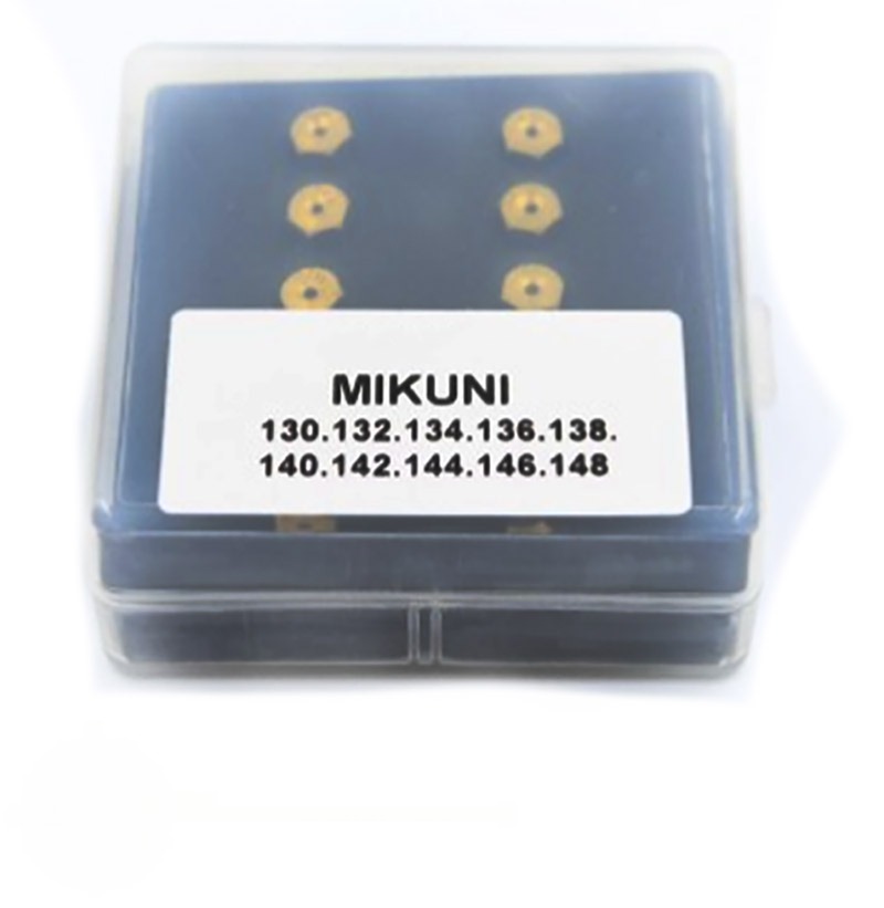 Mikuni sproeier set 130 - 148 niet voor originele Mikuni carburateur. past op 10 en 16mm reproductie carburateur Mikuni.