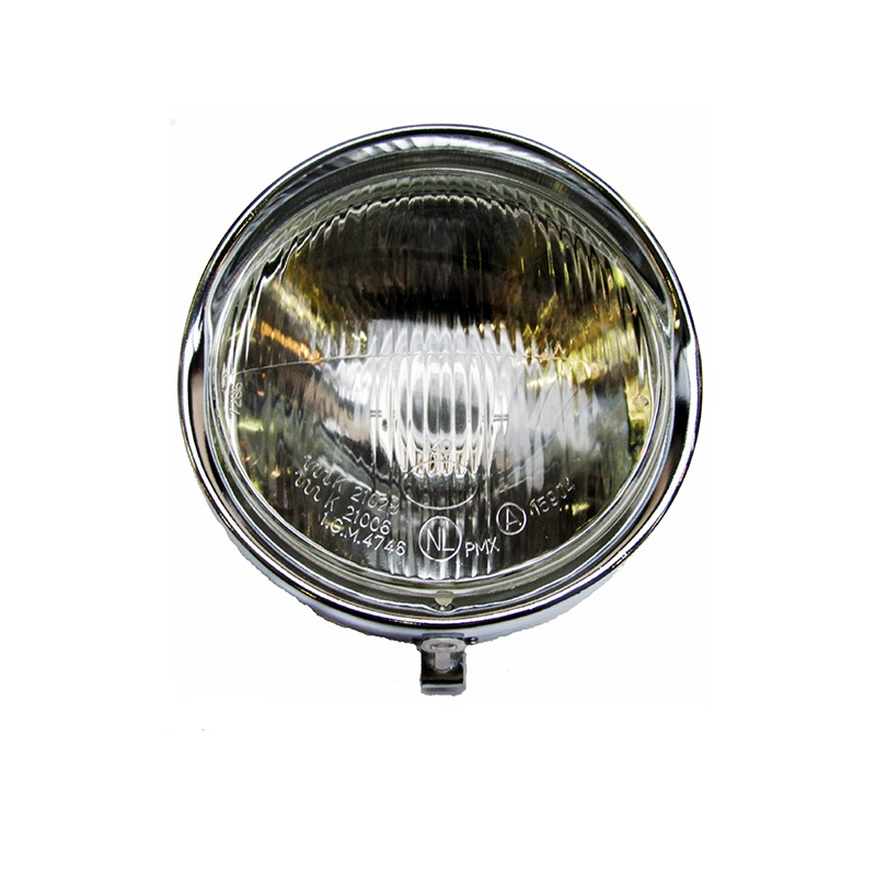 Bromfiets 517 Kreidler koplamp unit KS50 KS100 huis 150mm chroom ring 517-16.900W 130mm binnen -met e nr koplamp inbouw unit inclusief fitting BA20 glas 130mm inbouwmaat 150mm 517-16-900W koplampunit