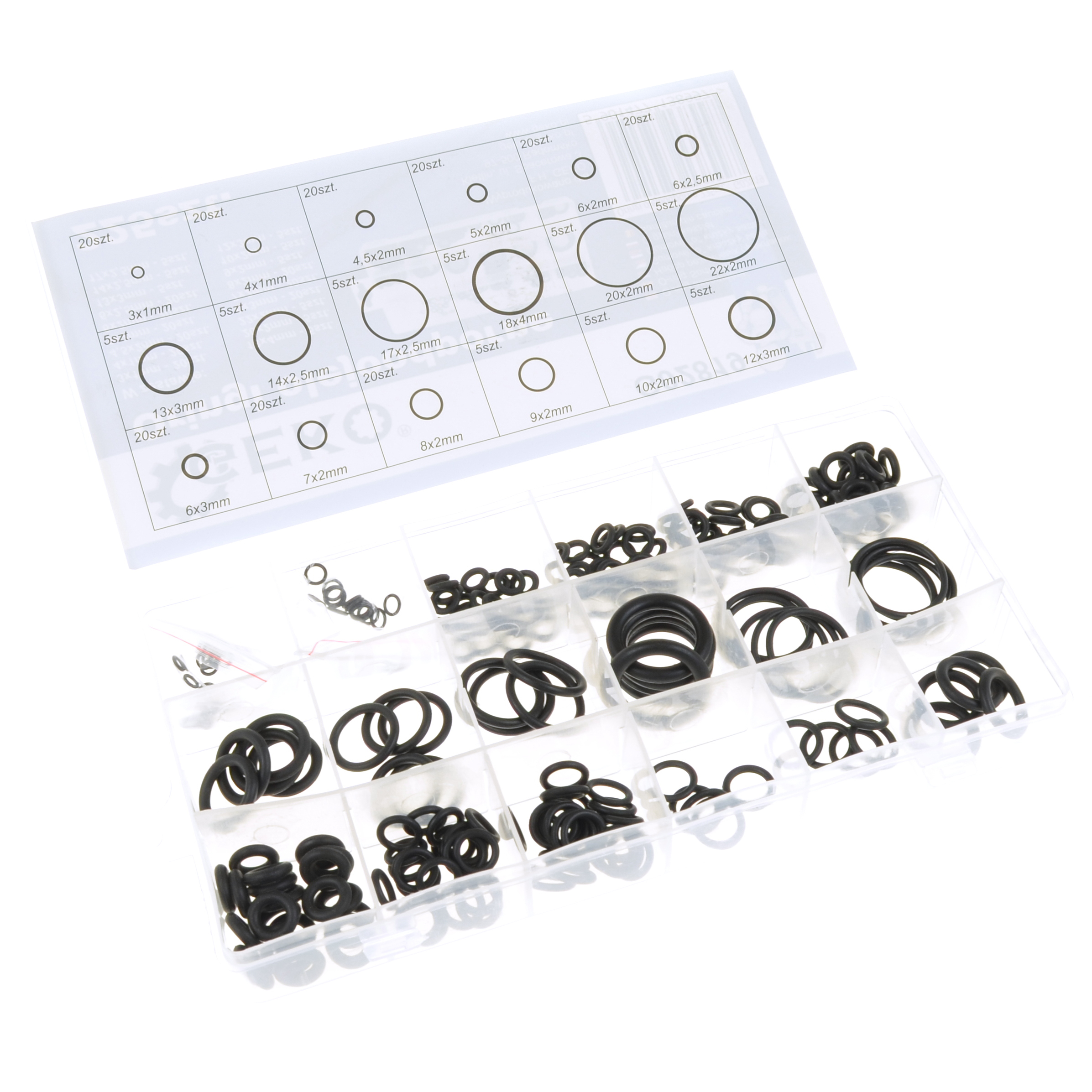Universeel O-ring / Oring Set 18 Maten 225-delig Nbr Rubber 3x1 - 4x1 - 4.5x2 - 5x2 - 6x2 - 6x2.5 - 13x3 - 14x2.5 - 17x2.5 - 18x4 - 20x2 - 22x2 - 6x3 - 7x2 - 8x2 - 9x2 - 10x2 - 12x3