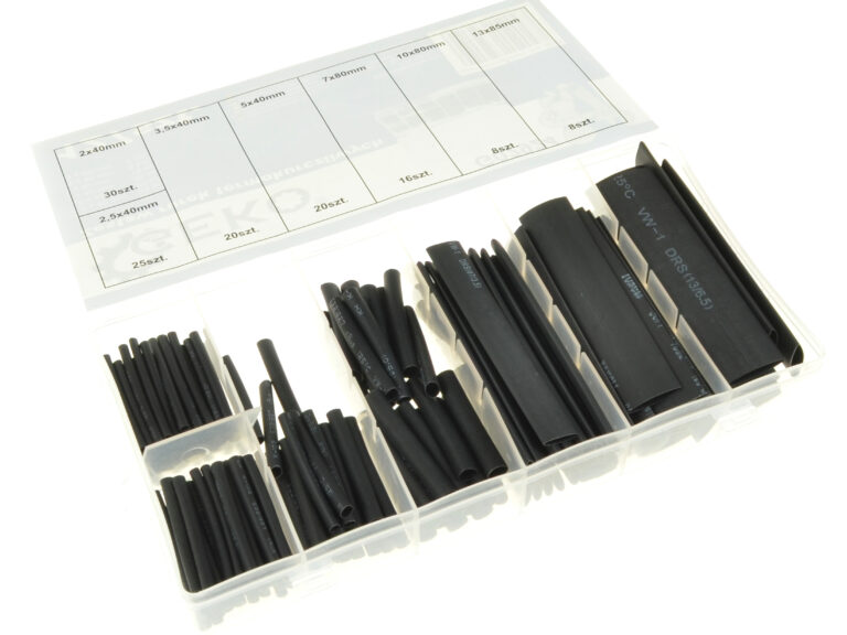 Zestaw uniwersalnych rurek termokurczliwych, 7 rozmiarów, 127 elementów: 30 x 2 mm x 40 mm, 25 x 2,5 mm x 40 mm, 20 x 3,5 mm x 40 mm, 20 x 5 mm x 40 mm, 16 x 7 mm x 80 mm, 8 x 10 mm x 80 mm, 8 x 13 mm x 85 mm, kolor czarny
